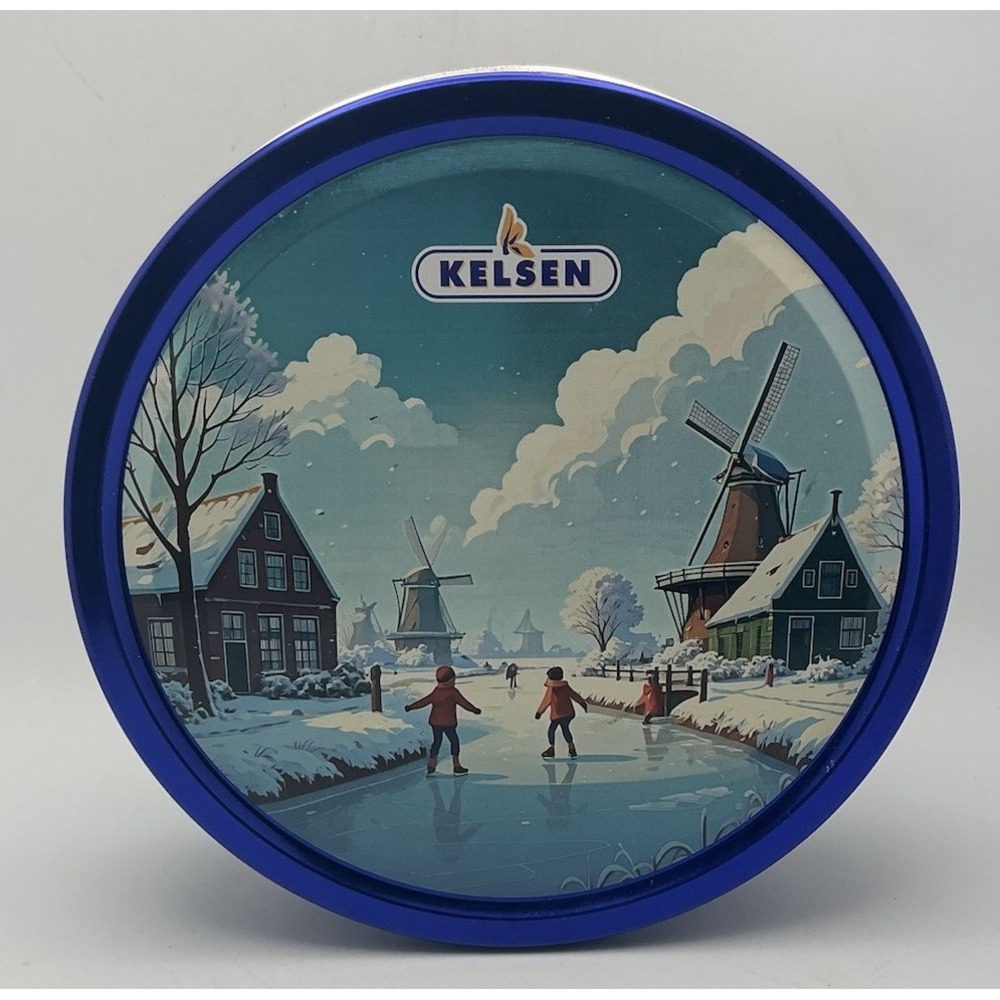 Kelsen Danish Butter Cookies Blue Holiday Tin, Windmills &Children Skating-Empty